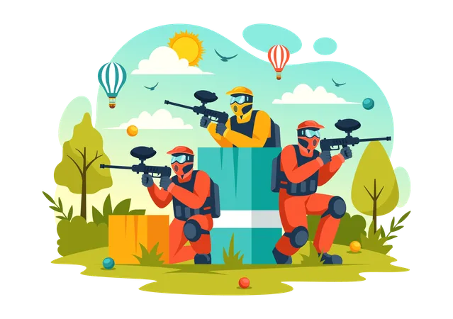 People Playing Paintball Vector Illustration Of Fighter Player Shooting With Gun Shoot Aim Attack In Field Scene In Flat Cartoon Background Illustration