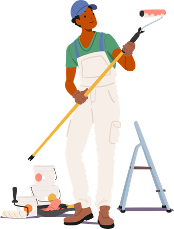 Painter Character Wearing Overalls Holding Paint Roller And Standing Next To Paint Cans  Illustration