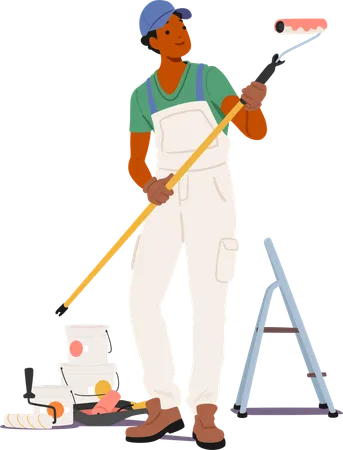 Painter Character Wearing Overalls Holding Paint Roller And Standing Next To Paint Cans  Illustration