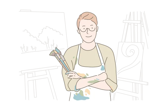 Painting Hobby Art Studio Workshop Concept Male Painter In Apron Holding Paintbrushes Young Talented Artist Drawing Class Teacher Surrounded With Pictures Simple Flat Vector Illustration
