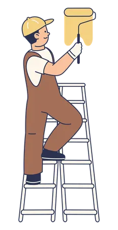 Painter on Ladder Painting Wall  Illustration