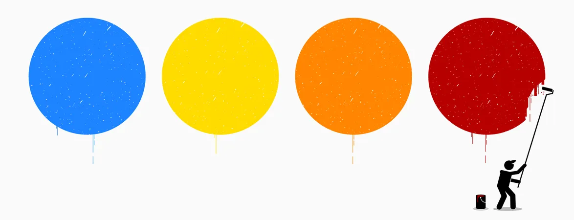 Painter painting four empty circles on wall with different color of blue, yellow, orange, and red Illustration