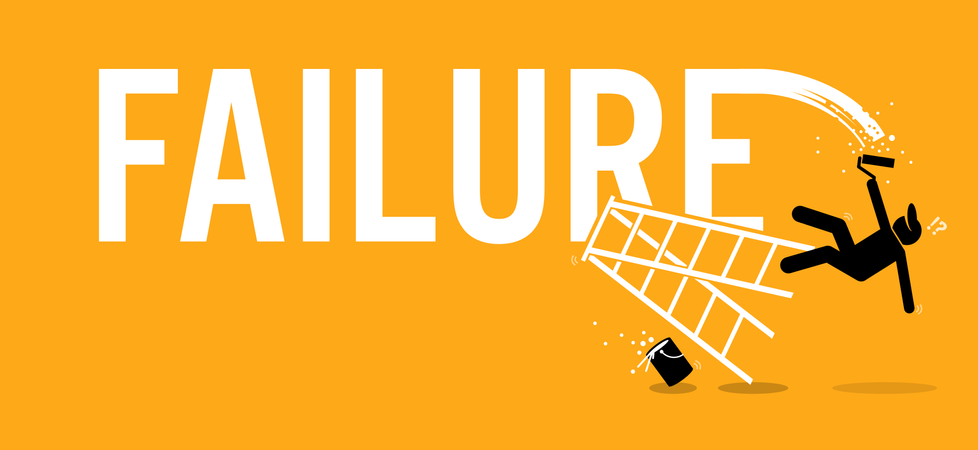 Painter painting the word failure on a wall by climbing up on a ladder but fell down miserably.  Illustration