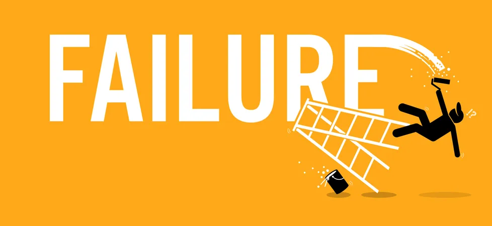 Painter painting the word failure on a wall by climbing up on a ladder but fell down miserably. Illustration