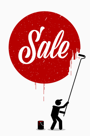 Painter painting the word sale on a wall with a red circle around it  Illustration