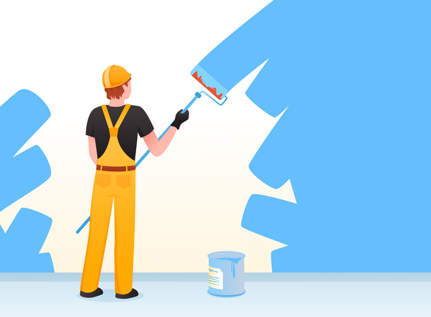 Painter painting wall using roller brush  Illustration