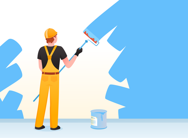 Painter painting wall using roller brush  イラスト