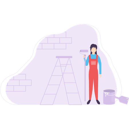 Painter stand with roller in his hand  Illustration