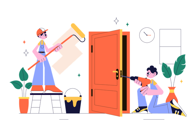 Painters doing Home Renovation or Repair Service  Illustration