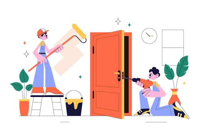 Painters doing Home Renovation or Repair Service  Illustration