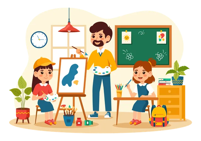 Art School Vector Illustration With Kids Of Painting With Live Model Or Object Using Tools And Equipment In Flat Cartoon Background Design Illustration