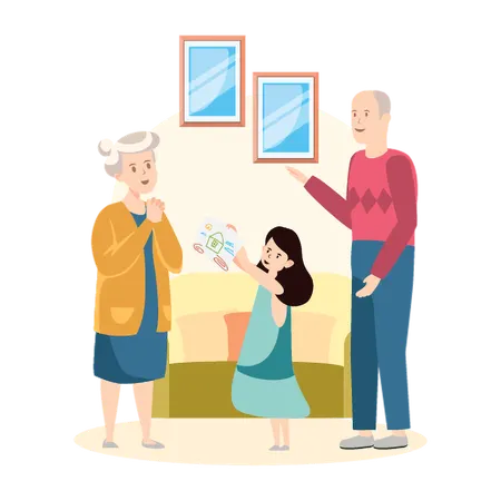 Painting Gift Handover To Grandparents  Illustration