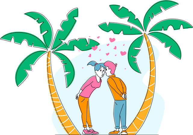 Pair in Love, Man and Woman Valentines Day on Exotic Resor Illustration