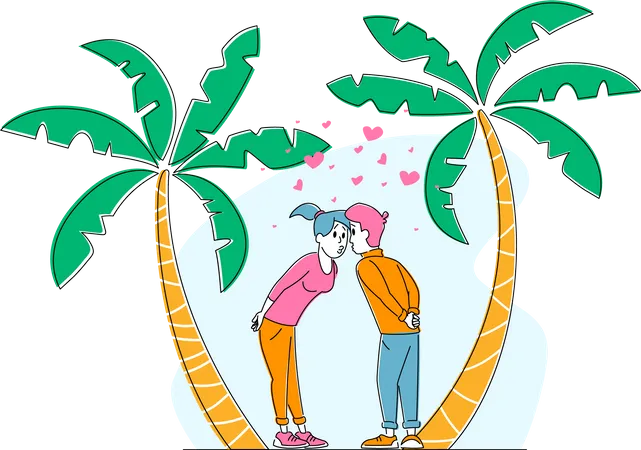 Pair in Love, Man and Woman Valentines Day on Exotic Resor Illustration