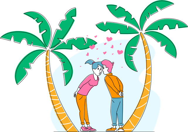 Pair in Love, Man and Woman Valentines Day on Exotic Resor  Illustration