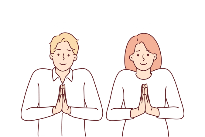 Pair of angels pray with hands folded in front of chests and standing with halo over heads  Illustration