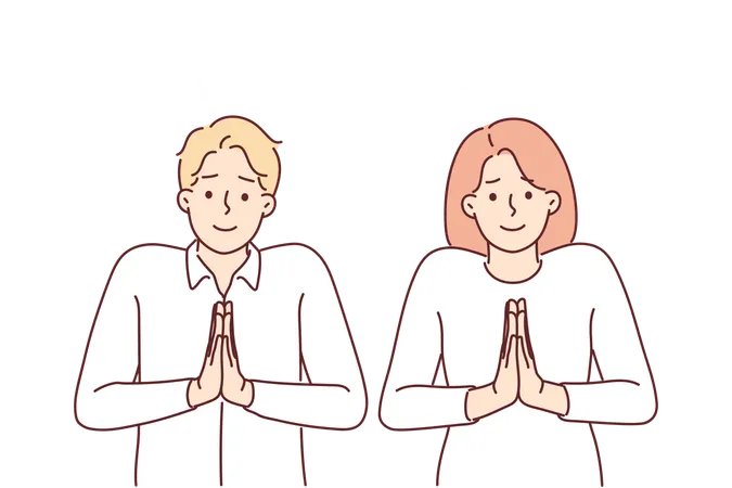 Pair of angels pray with hands folded in front of chests and standing with halo over heads  Illustration