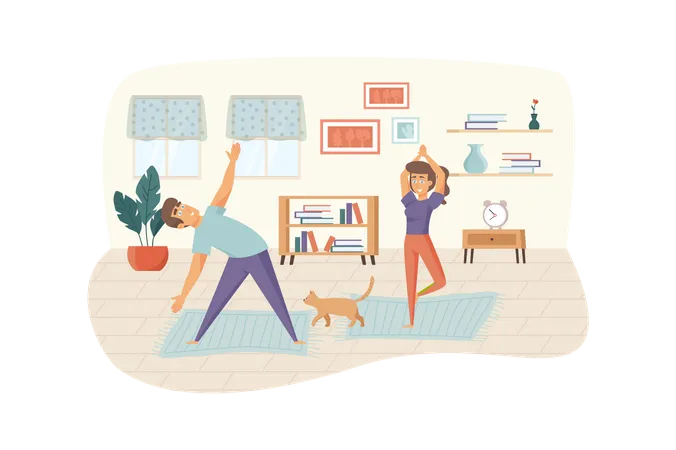 Pair Yoga And Home Workouts Scene Man And Woman Doing Exercise Balance Position Sport Activities Meditation Healthy Lifestyle Concept Vector Illustration Of People Characters In Flat Design Illustration