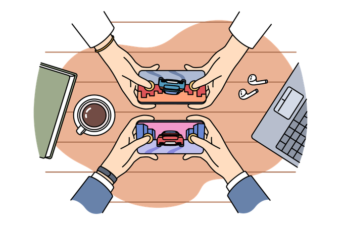 携帯電話でペアになったビデオゲームで、人々が互いに仮想レースで競い合う  イラスト