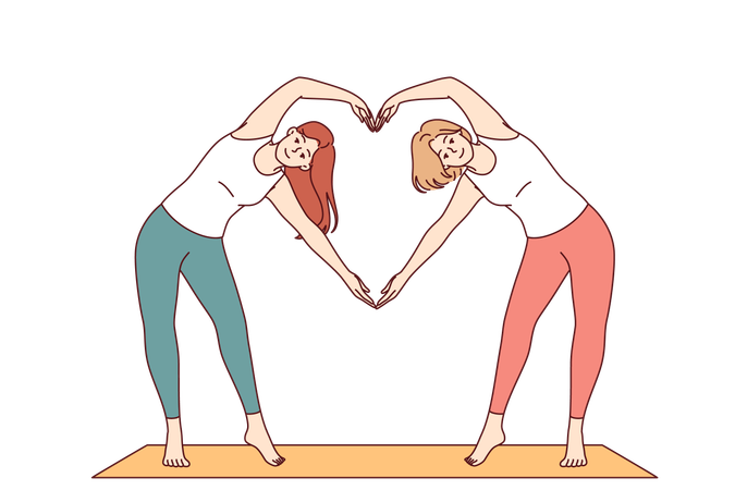 Paired yoga of two women doing pilates standing on sports mat and making heart sign from hands  Illustration