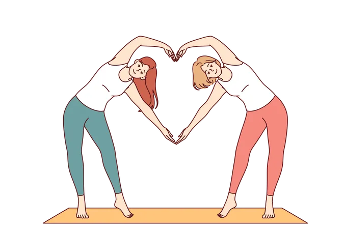 Paired Yoga Of Two Women Doing Aerobics Or Pilates Standing On Sports Mat And Making Heart Sign From Hands Attractive Girls Are Interested In Fitness And Pilates To Avoid Excess Weight Illustration