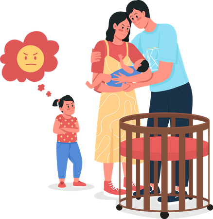 Pais com bebê e filha chateada  Ilustração