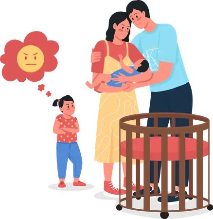 Pais com bebê e filha chateada  Ilustração