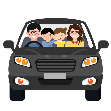 Pais com dois filhos alegres, menino e menina, sentados em um carro cinza  Ilustração