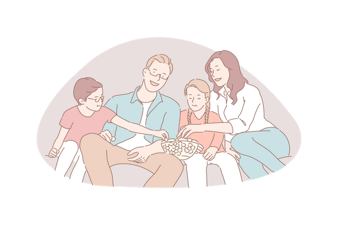 Pais com filhos pequenos assistindo TV e comendo pipoca  Ilustração