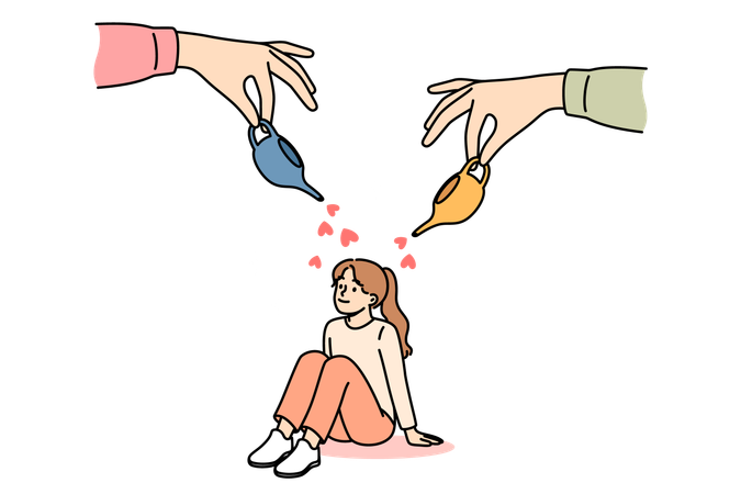 Pais cuidam e dão amor à menina enchendo-a de jarras com corações  Ilustração