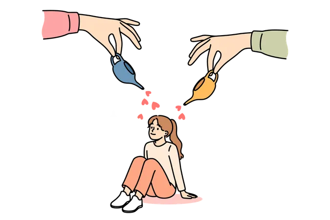 Pais cuidam e dão amor à menina enchendo-a de jarras com corações  Ilustração