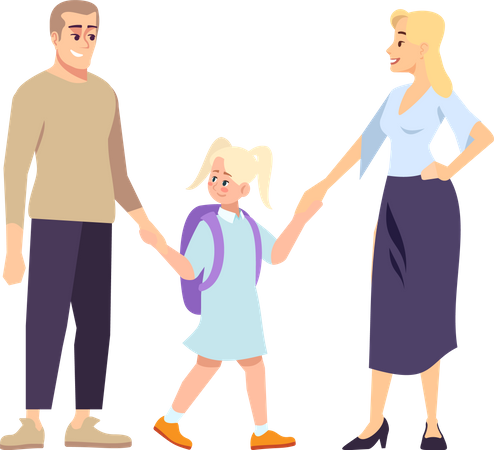 Pais e filha estudante de mãos dadas  Ilustração