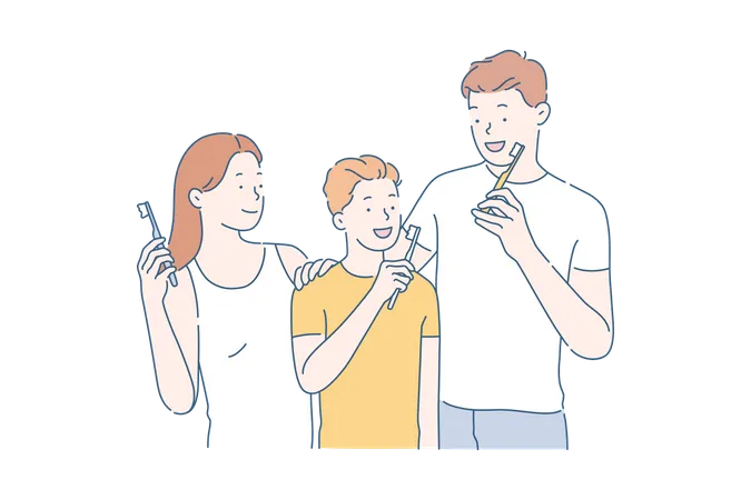 Pais e filho escovando juntos  Ilustração