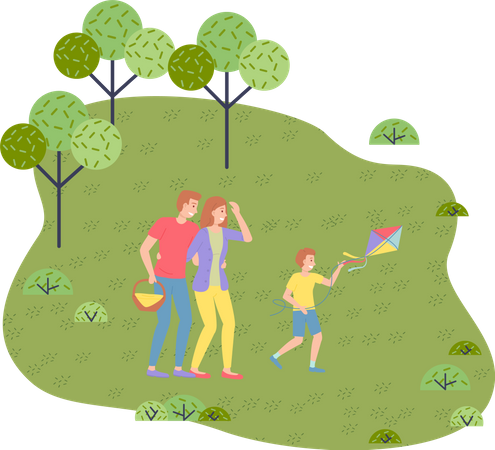 Pais e filhos andando no parque  Ilustração
