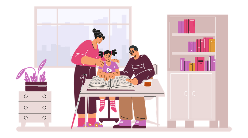 Pais e filhos aprendendo braille juntos  Illustration