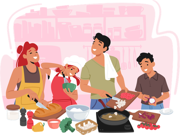 Pais e filhos colaboram na cozinha, compartilhando risadas e segredos culinários  Ilustração