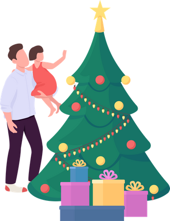 Pai e filho decoram árvore de natal  Ilustração