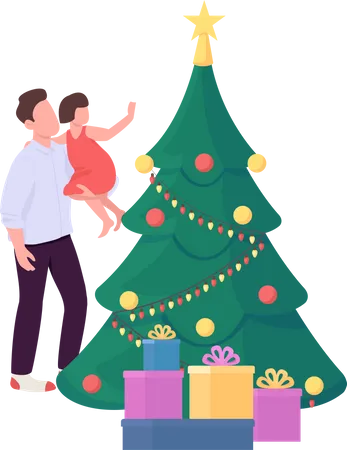 Pai e filho decoram árvore de natal  Ilustração