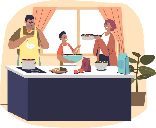 Pais e filhos juntos na cozinha fazendo comida  Ilustração