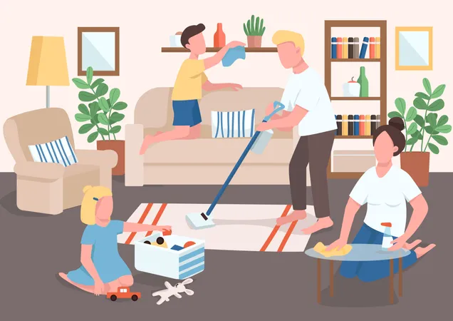 Pais e filhos limpando casa  Ilustração