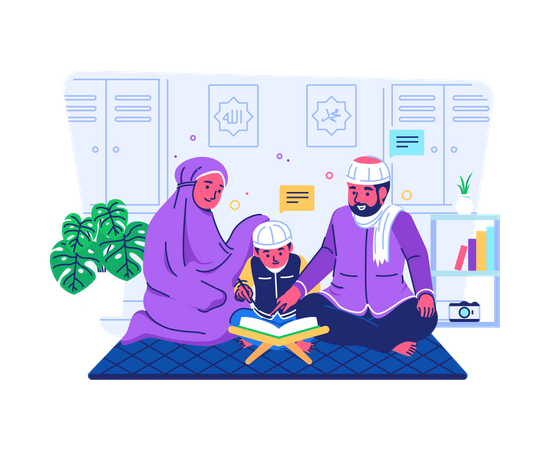 Pais ensinando seus filhos a ler o Alcorão  Ilustração