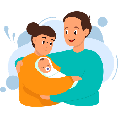 Pais felizes e bebê recém-nascido  Ilustração