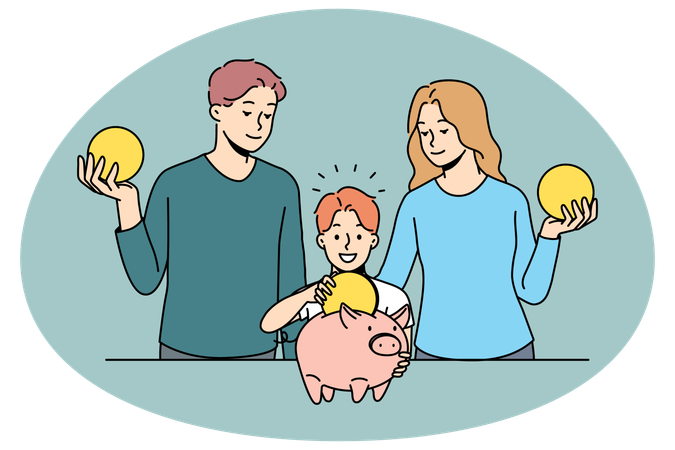 Pais felizes e criança economizando dinheiro no cofrinho  Ilustração