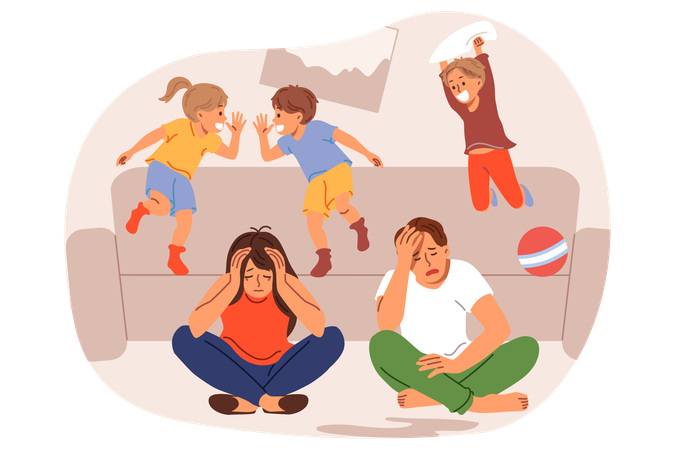 Pais frustrados sentem-se cansados e sem energia devido a crianças hiperativas pulando no sofá  Ilustração