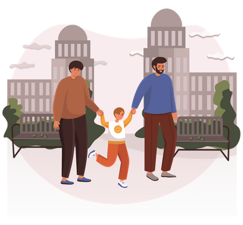 Pais masculinos com filho andando na rua  Ilustração