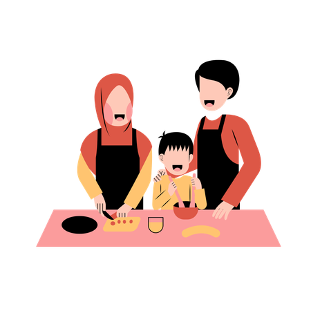 Pais muçulmanos cozinhando na cozinha com filho  Ilustração