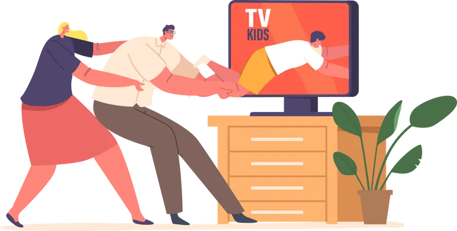 Pais puxando criança pela corda da tela da TV para protegê-la de conteúdo prejudicial  Ilustração