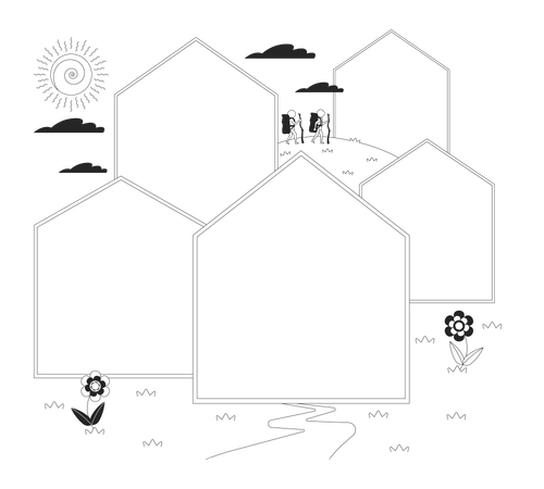 Paisagem caprichosa com molduras de casas em branco e caminhantes  Ilustração