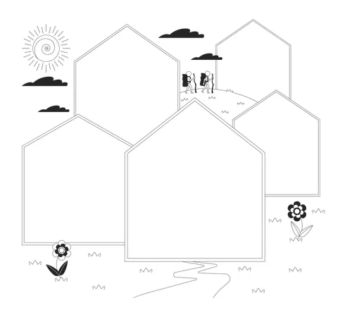 Paisagem caprichosa com molduras de casas em branco e caminhantes  Ilustração