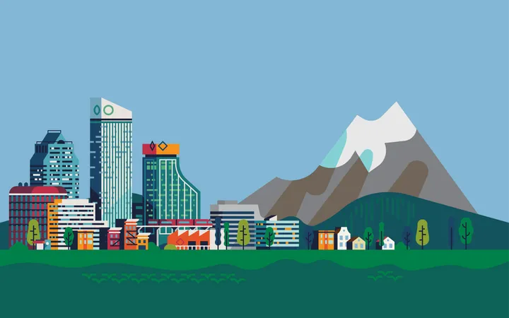 Paisagem com cidade e enorme montanha ao longe  Ilustração